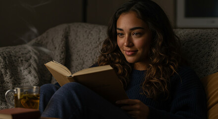 Young woman reading a book and drinking tea on sofa at home
