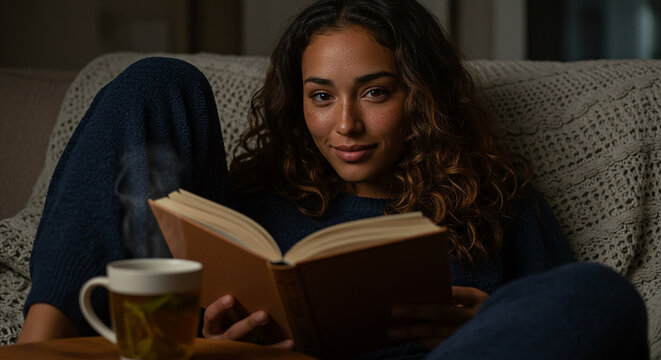 Young woman relaxing on sofa reading a book and drinking tea