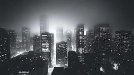 Foggy Metropolis: A Nocturnal Cityscape in Monochrome