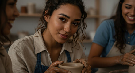 Young ceramist molding clay on pottery wheel with her colleagues