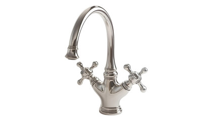 Polished chrome faucet with vintage design.  Features a curved spout and dual cross handles