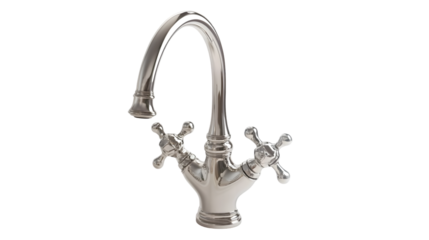 Polished chrome faucet with vintage design.  Features a curved spout and dual cross handles