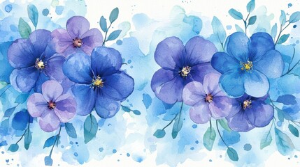 Fototapeta premium Light watercolor background showcasing a beautiful bloom of blue and purple flowers with delicate leaves, creating a soft and serene artistic floral arrangement.