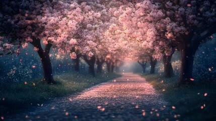 Mystical Sakura Path with Falling Petals in the Twilight of Early Spring