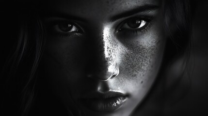 Intense Monochrome Portrait: Freckled Face, Dark Eyes, Dramatic Lighting