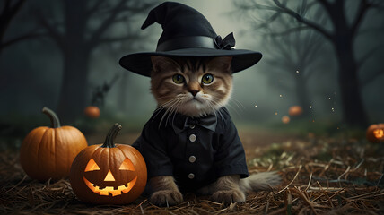 halloween cat with pumpkin
