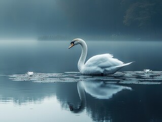 Obraz premium White swan swims on calm water surface with reflection in dark moody atmosphere.