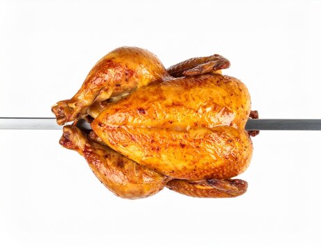 A professional image showcasing a single roasted chicken, positioned horizontally on a large metal skewer, tightly secured and perfectly browned, reflecting the shine of the golden marinade on its cri