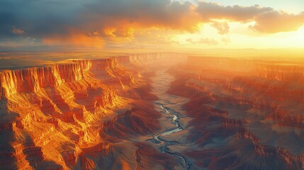 Canyon landscape with river at sunset golden light and dramatic cloudy sky.