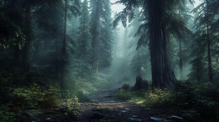 Obraz premium Misty Forest Path: A Serene, Ethereal Landscape
