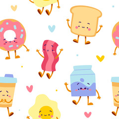 Cute breakfast food pattern. Seamless vector print with cartoon breakfast characters.