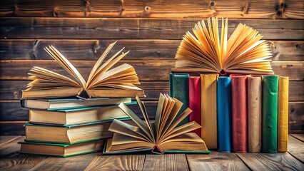 A chaotic pile of open and closed books, a vibrant display of literature and knowledge.