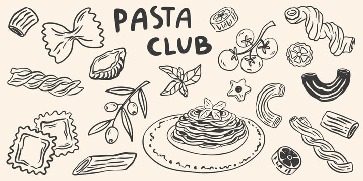Minimalist hand drawn pasta vector set. Different Mediterranean spaghetti types. Italy la dolce vita coast food for greeting cards, poster, postcards. Doodle sketch icons in crayon drawing style