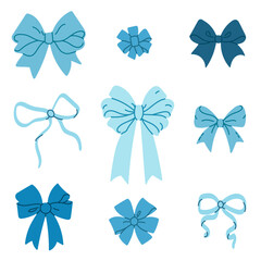 Set of light and dark blue bows featuring elegant curls, folded ribbons, and knotted designs, ideal for wrapping and decoration