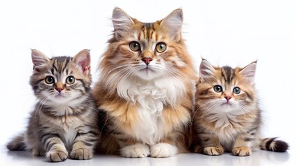 Adorable Cat Family Portrait: Mother, Father & Kitten Isolated on White Background