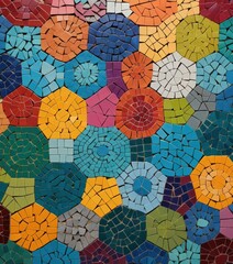 Obraz premium A vibrant mosaic pattern featuring an array of colors, including reds, blues, greens, and yellows, intricately arranged in geometric shapes.