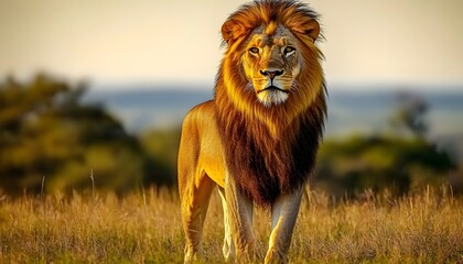 A majestic lion standing tall in the savannah, with grass and trees under a sunset sky. 