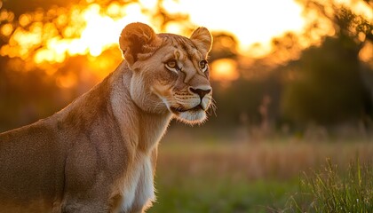 A majestic lion standing tall in the savannah, with grass and trees under a sunset sky. 