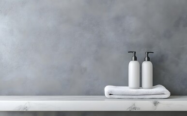 A white, blank shampoo bottle and a towel rest on a marble shelf against a grey wall, 
