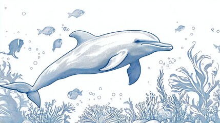 Fototapeta premium Oceanic dolphin illustration among coral and fish
