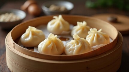 chinese dim sum, Steamed Chinese dumplings in bamboo baskets, Close-up of freshly steamed Chinese dumplings (xiao long bao) served in traditional bamboo steamers. The dumplings have a glossy, delicate