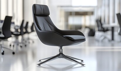 Modern office with a black leather chair in a conference room, with a blurred background.