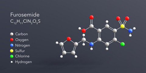 furosemide molecule 3d rendering, flat molecular structure with chemical formula and atoms color coding © Сергей Шиманович