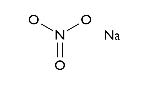 sodium nitrate molecule, structural chemical formula, ball-and-stick model, isolated image e251