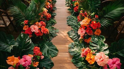 Naklejka premium Floral path: A vibrant path adorned with colorful floral arrangements, inviting one to stroll along, surrounded by lush greenery, it's a journey through nature's artistry. 
