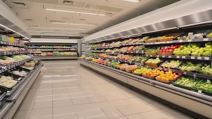 A brightly lit grocery store aisle filled with fresh produce