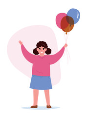 Little girl holds balloons in her hand. Positive child smiles. Vector flat graphics.