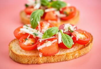 Delicious Bruschetta with Fresh Tomatoes Basil and Parmesan Cheese on Toasted Bread