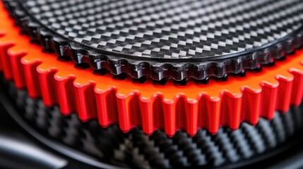 Fototapeta premium A close-up view of interlocking gears featuring a carbon fiber texture and vibrant red accents, showcasing precision engineering and design.