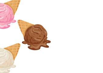 poster template with various ice cream with different flavors in a waffle cone placed on the left side, for various summer designs