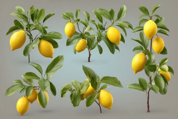 Captivating lemon tree branches with fresh green leaves and vibrant yellow lemons on a light background studio shot showcasing nature's beauty and citrus freshness