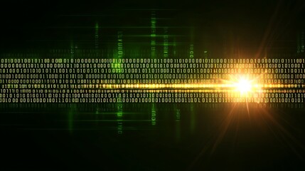 Obraz premium Digital Binary Code Background with Bright Light Ray and Green Data Visualization Effects
