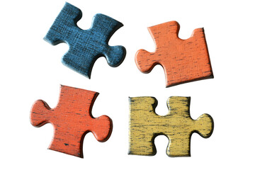 Fototapeta premium Four Colorful Puzzle Pieces, Isolated on White, Textured Surfaces, Scattered.