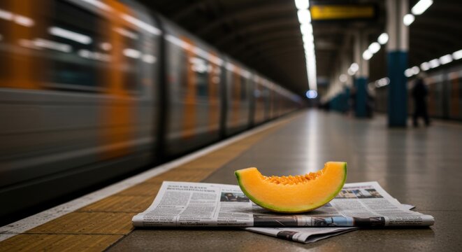 Melon slice resting on a newspaper at a bustling subway station, with a train speeding by in the background - cantelope