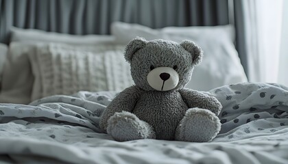Close-up of a grey teddy bear toy on a baby bed in a nursery room, with space for text. The baby bedroom interior design concept
