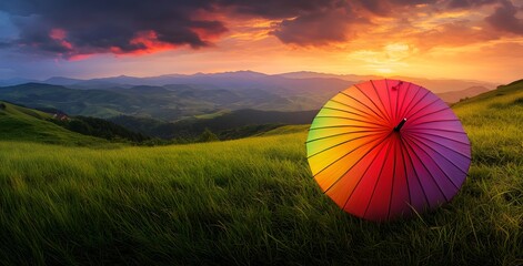 Colorful rainbow umbrella on a green grass meadow at sunset. Summer landscape with a colorful umbrella