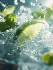 Refreshing lime slice and mint leaves with ice cubes in sparkling water creating a vibrant and cool summer drink with a bokeh background and close up shot