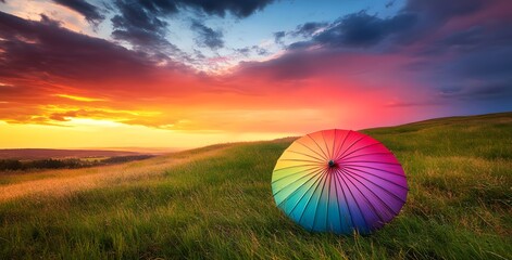Colorful rainbow umbrella on a green grass meadow at sunset. Summer landscape with a colorful umbrella