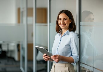 Obraz premium Businesswoman with tablet smiles in office