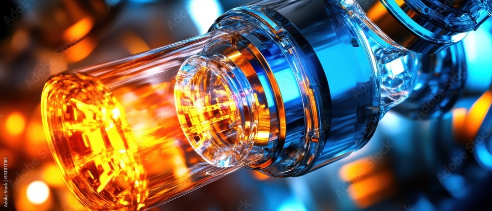 Poster abstract close up of a glass object with vibrant orange and blue lights creating a futuristic and dy