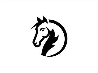 A clean, minimalist silhouette of a horse's head within a crescent moon shape.