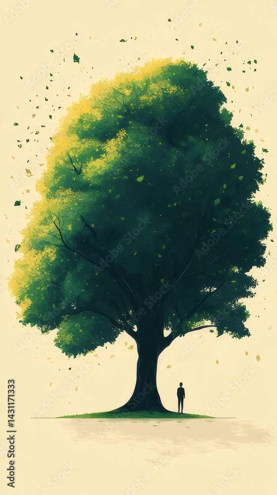 Aufkleber 背景に立っている人のシルエットを持つ大きな木 立木イラスト 緑と黄色のピクセルアート