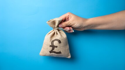 A hand holding a small burlap sack with a black British pound (£) currency symbol printed on it.