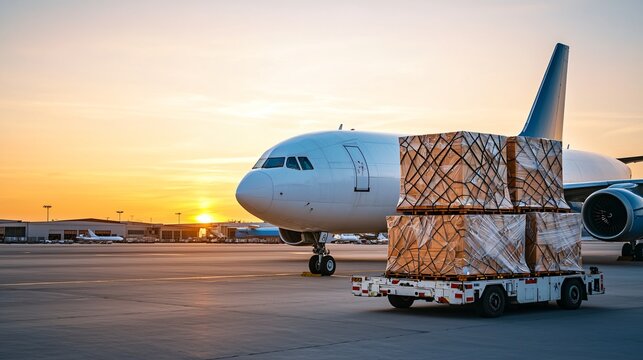 Clean and realistic photo of export aircraft parked beside airport warehouse, high-res cargo crates organized on loading vehicle, soft reflections on white fuselage, warm clear sky