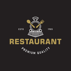 Train with Spoon and Fork in Retro Vintage Style for Retro Themed Restaurant or Cafe logo design Black Background