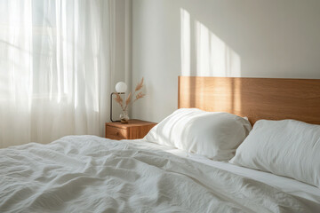A minimalist bedroom with a wooden headboard, white bedding, and a stunning outdoor view, designed for calmness, comfort, and relaxation in a bright, serene setting